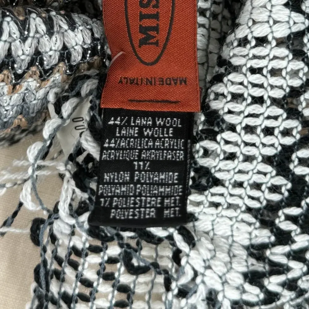 Vintage Missoni Scarf, Wool Blend Silver Gray Tan Zigzag, 68